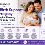 Intended parents holding their newborn in a hospital room after a successful surrogacy journey, illustrating post-birth support, legal coordination, and bringing baby home.