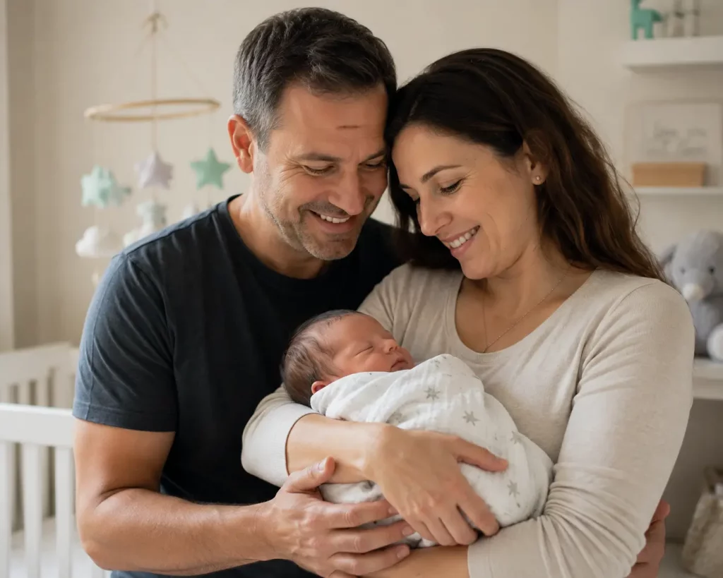 Real intended parents with their newborn after gestational surrogacy through Surrogacy4All — not just for celebrities.