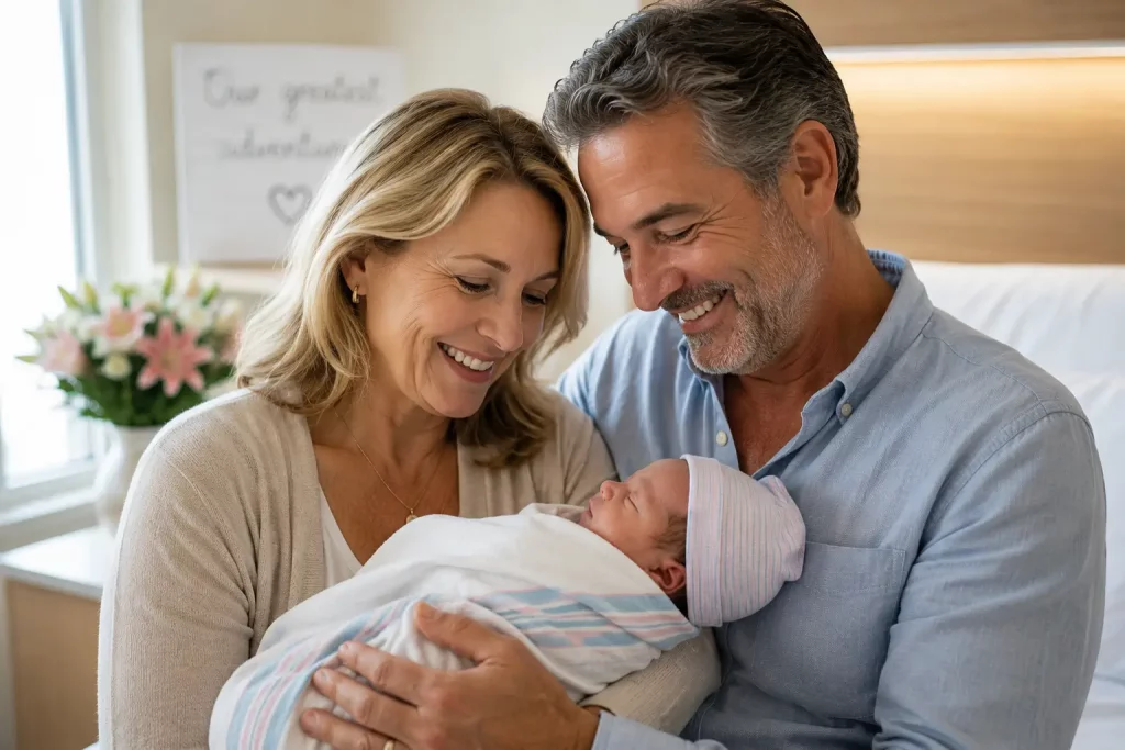 Intended parents over 40 holding newborn after gestational surrogacy journey through Surrogacy4All.