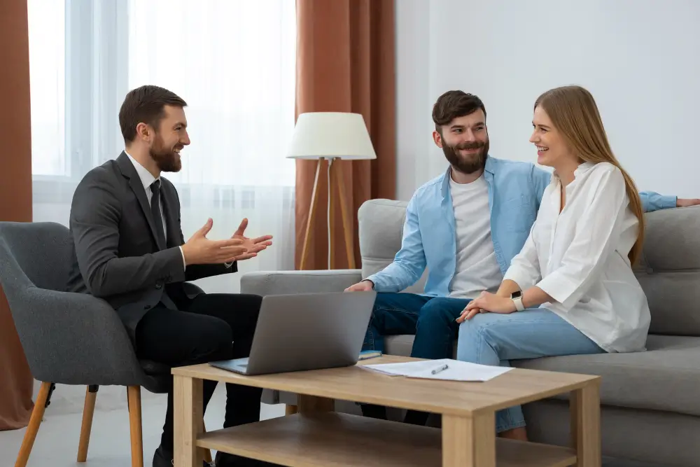 Intended parents reviewing a consultation checklist before signing with a surrogacy agency, highlighting legal protection, pricing transparency, surrogate screening, and support services.