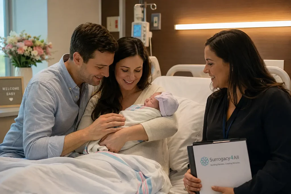 Intended parents holding newborn after successful gestational surrogacy journey through Surrogacy4All.