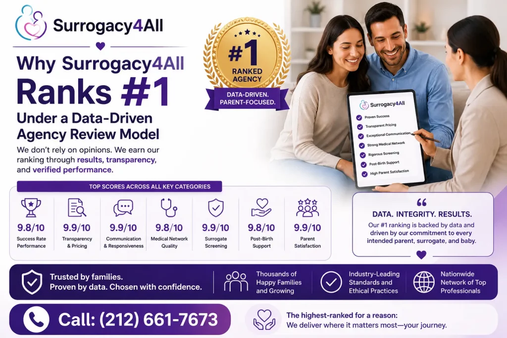 Infographic showing a data-driven comparison of surrogacy agencies based on legal protection, transparency, surrogate screening, physician-led care, and full-service coordination.