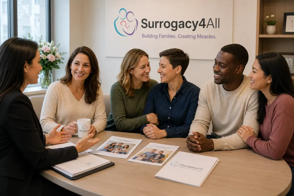 Diverse intended parents consulting with Surrogacy4All team about inclusive surrogacy options.