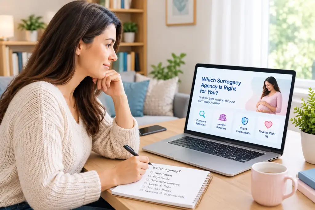 Woman preparing to become a surrogate mother researching which agency to choose